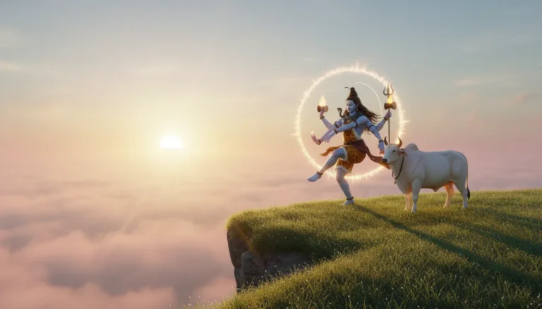 Lord Shiva performing an uplifting sunrise dance on a hill cliff with Nandi.