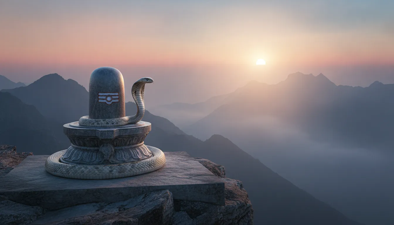 A peaceful sunrise over a mountain peak featuring a stone Shiva Lingam and a calm cobra looking towards the sun.