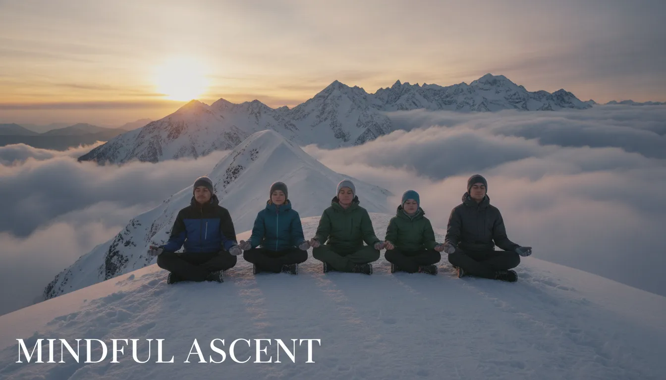 Divine family meditating together on a snowy mountain ridge at sunrise