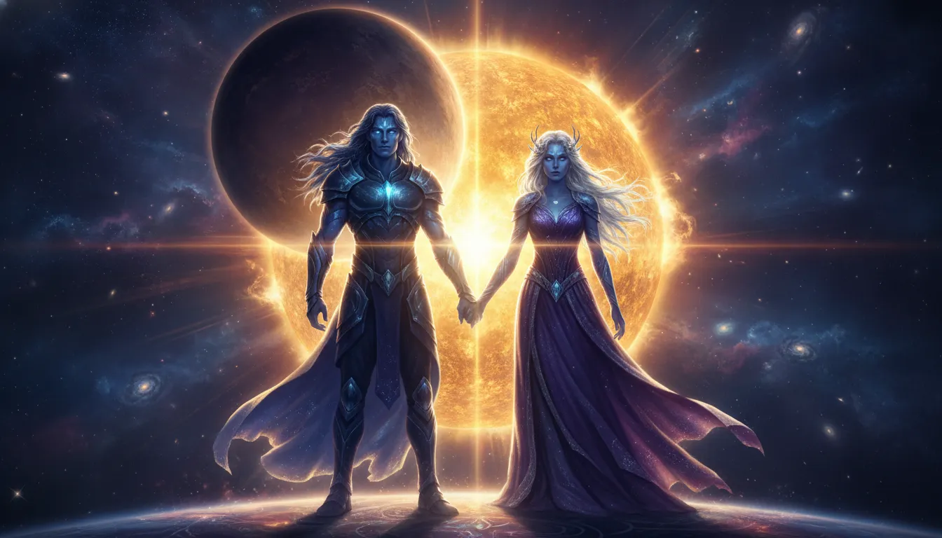 Divine couple standing together as a brilliant cosmic sunrise illuminates a dark star-filled galaxy background