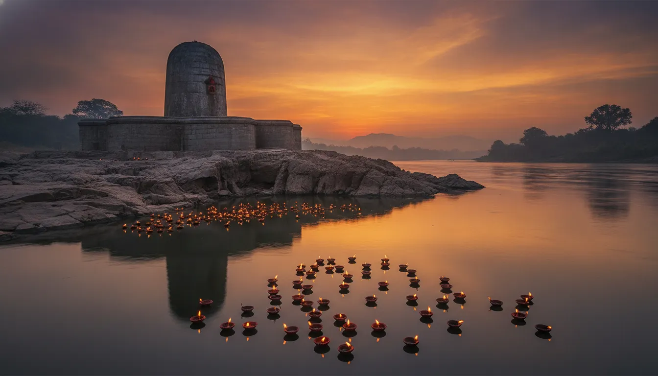 A large stone Shivling on the banks of the Ganges river during a vibrant orange sunset.