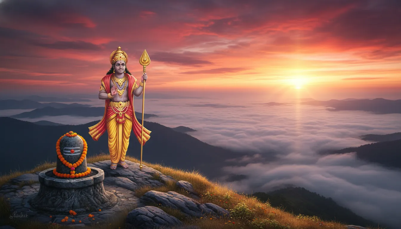 Full HD image of Lord Murugan overlooking a vast valley next to a Shivling during a dramatic spiritual sunset.