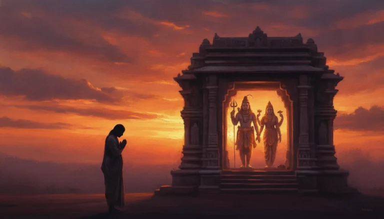 Warm sunset silhouette of a temple entrance where Shiva and Parvati bless a praying devotee