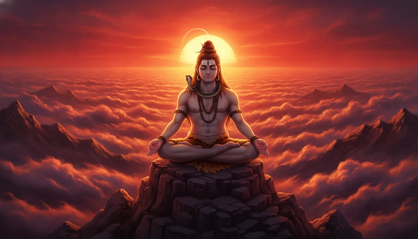 Lord Shiva sitting on a mountain peak during a deep orange and crimson sunset above the clouds.
