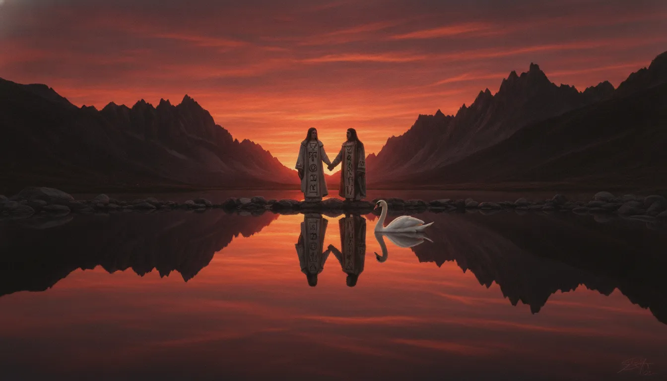 Divine couple reflecting in a mountain lake at sunset with a swan