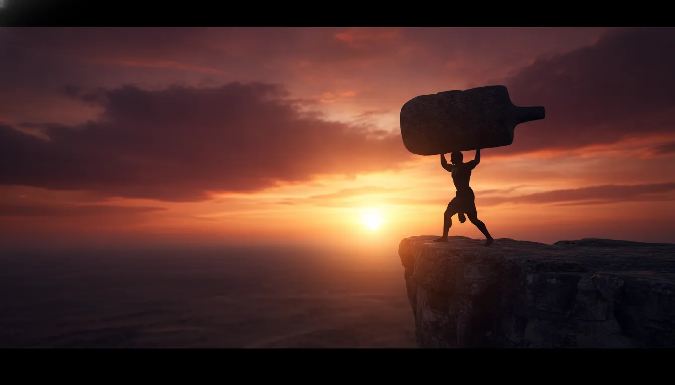 Golden hour silhouette of the character lifting the Shivling against a sunset sky