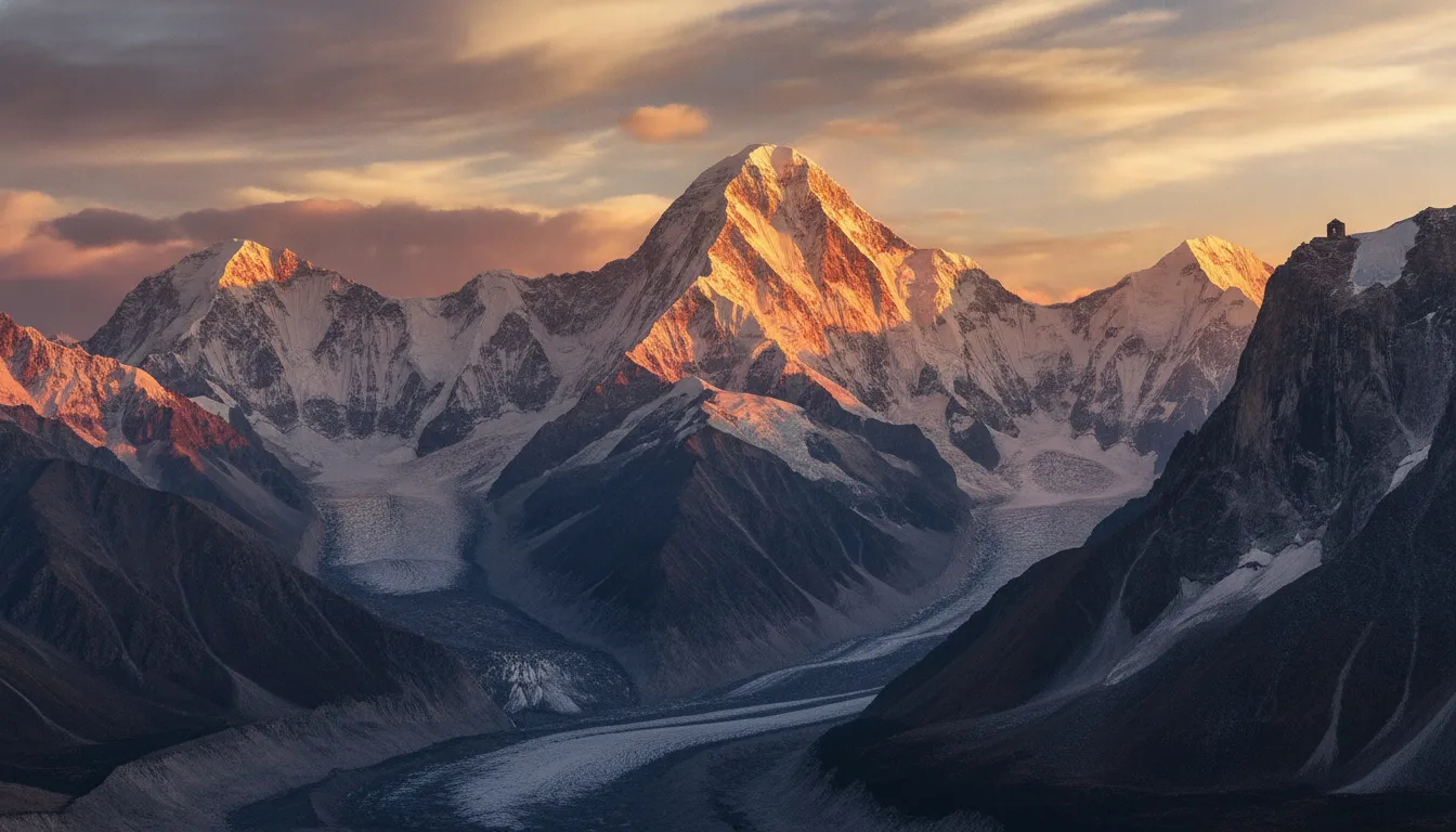 Golden sunset illuminating the snow peaks surrounding the world highest famous white ice shivling temple.