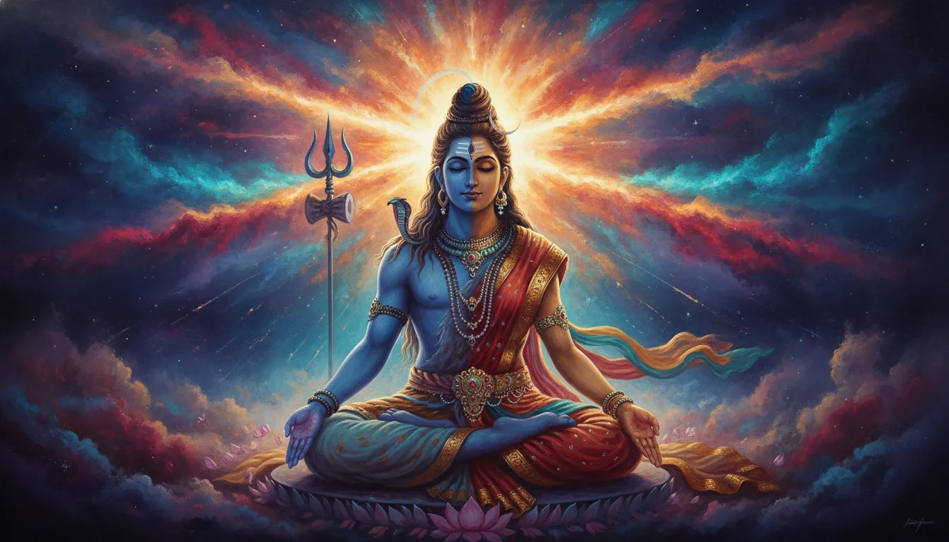 Ardhanarishvara meditating while a cosmic supernova explodes behind them