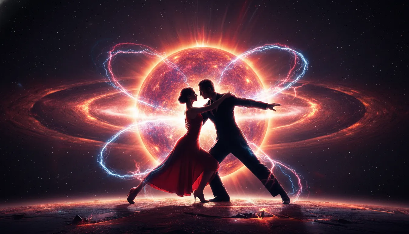 Fantasy figures performing a dramatic tango dance near an exploding supernova.