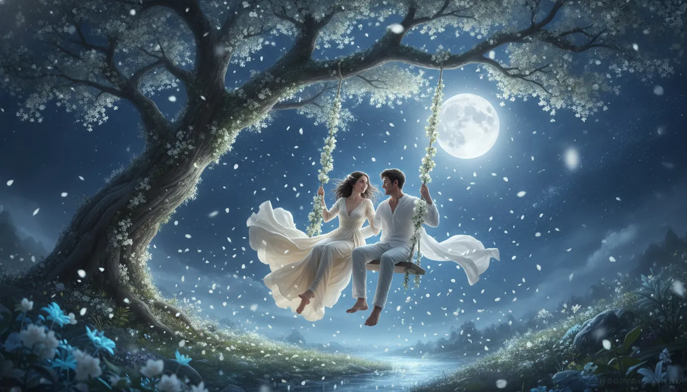 Divine couple on a flower-decorated swing under a bright moon.