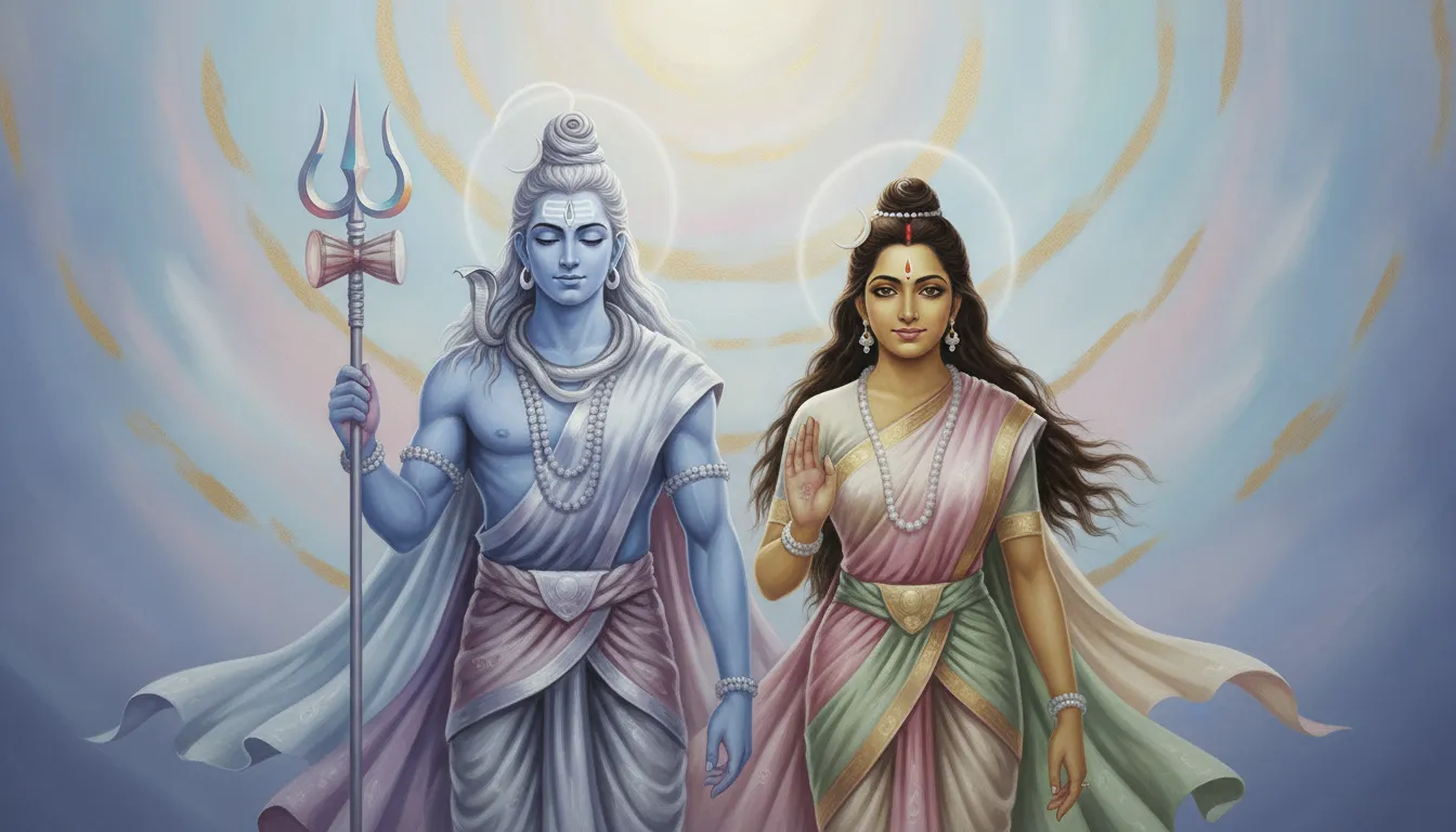 Elegant artwork showing Shiva holding a trident with Parvati looking forward with a serene expression.