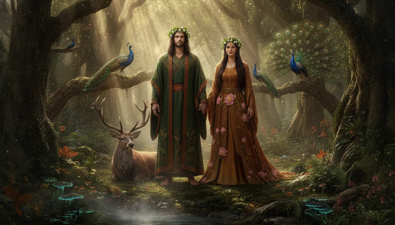 Divine couple in green and brown traditional attire standing inside a sacred forest grove