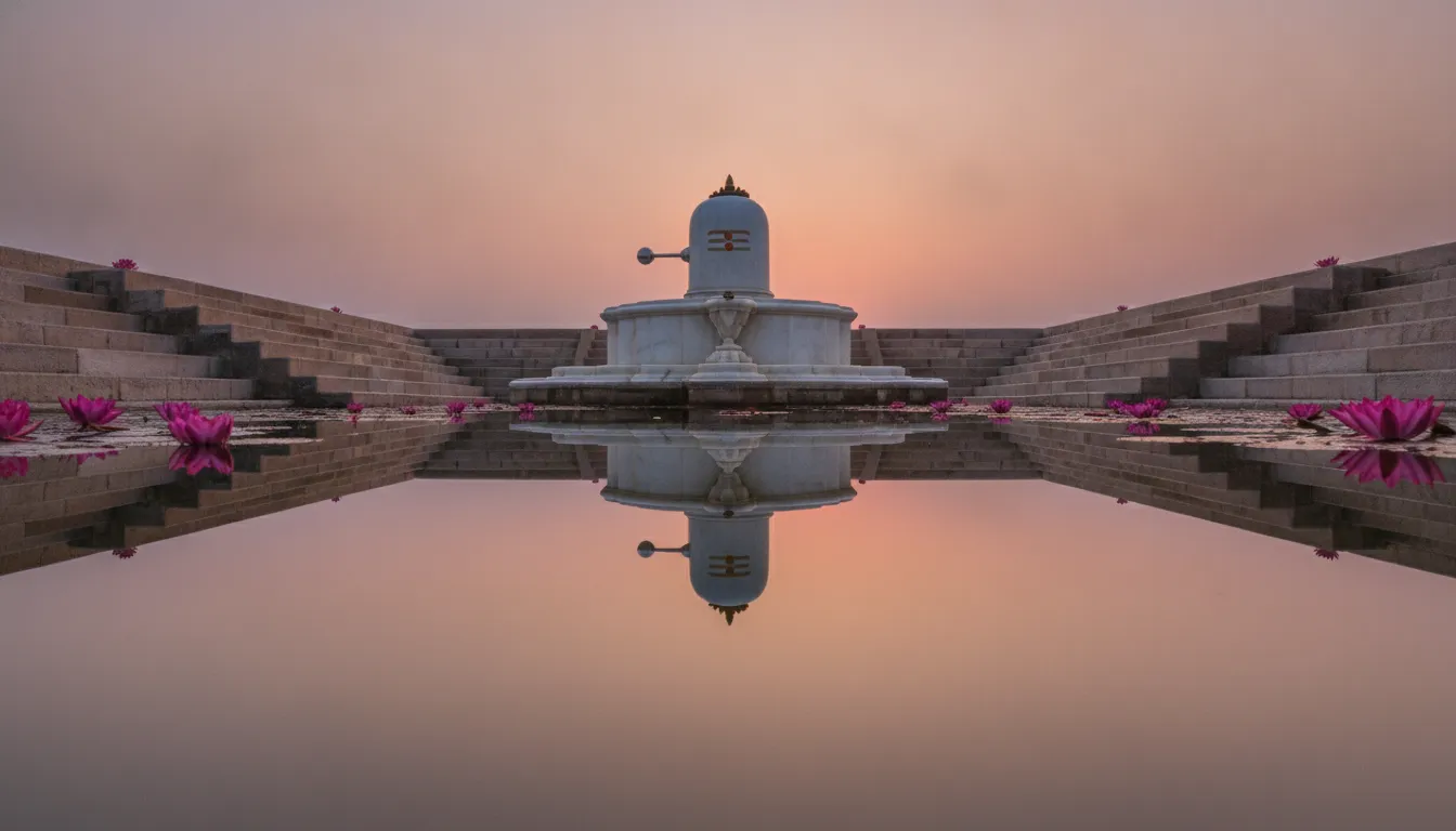 Symmetrical reflection image of a grand white colour shivling over a clear, calm temple water tank during sunrise.