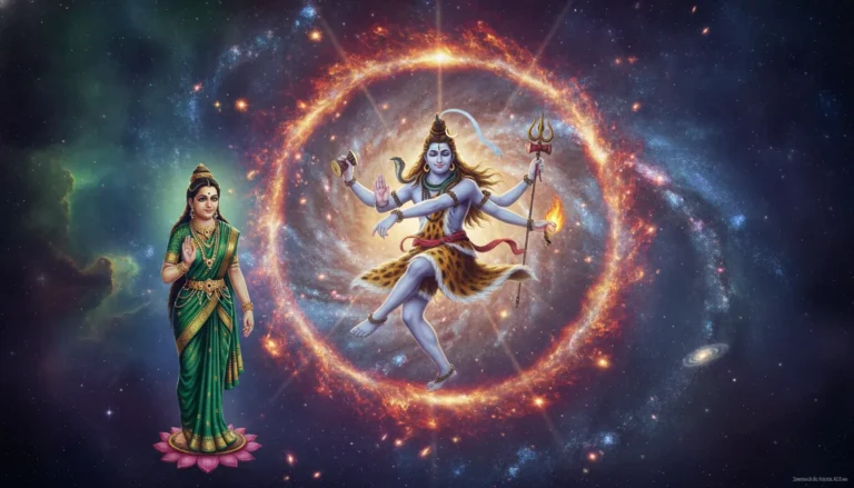 Lord Shiva performing the dynamic Tandava dance while Goddess Parvati watches calmly