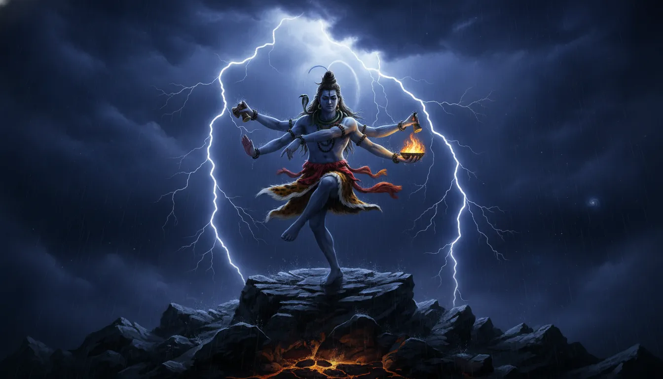 Lord Shiva performing the divine Tandava dance surrounded by fierce lightning bolts and dark clouds.