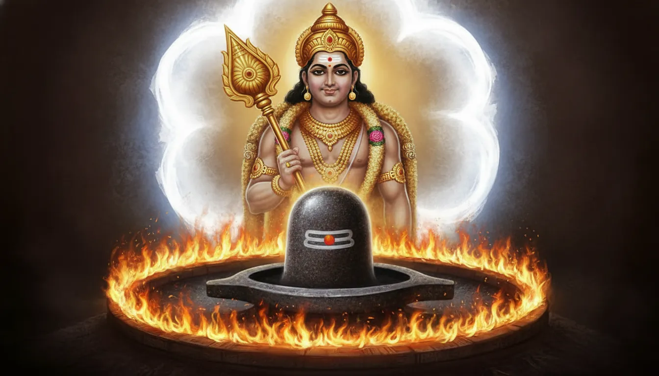 Full HD dramatic artwork depicting Lord Murugan surrounded by a protective ring of fire next to a powerful Shivling.