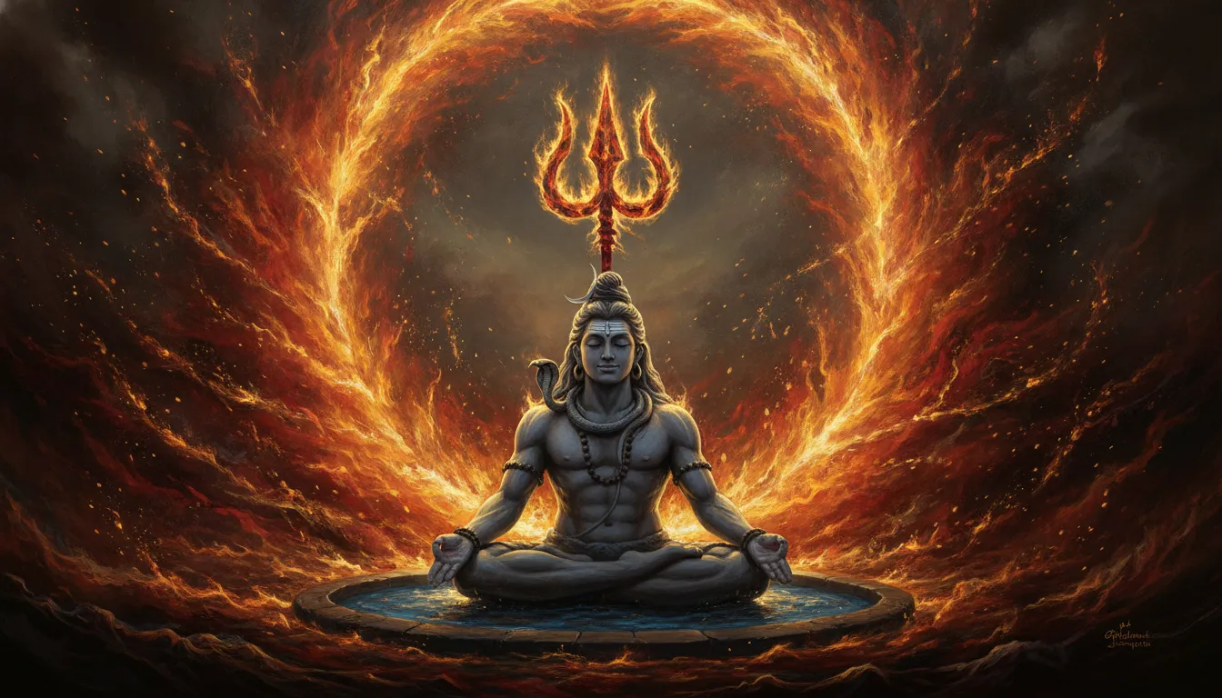 Lord Shiva sitting peacefully in meditation surrounded by a ring of cosmic Tandava fire.