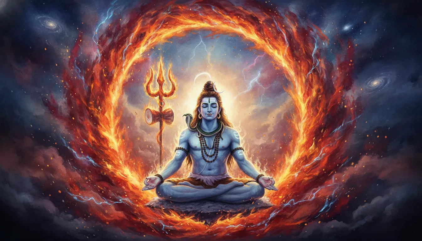 Lord Shiva sitting peacefully in meditation surrounded by a ring of cosmic Tandava fire.