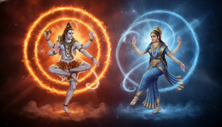 Shiva performing the energetic Tandava dance while Parvati complements him with the graceful Lasya dance.