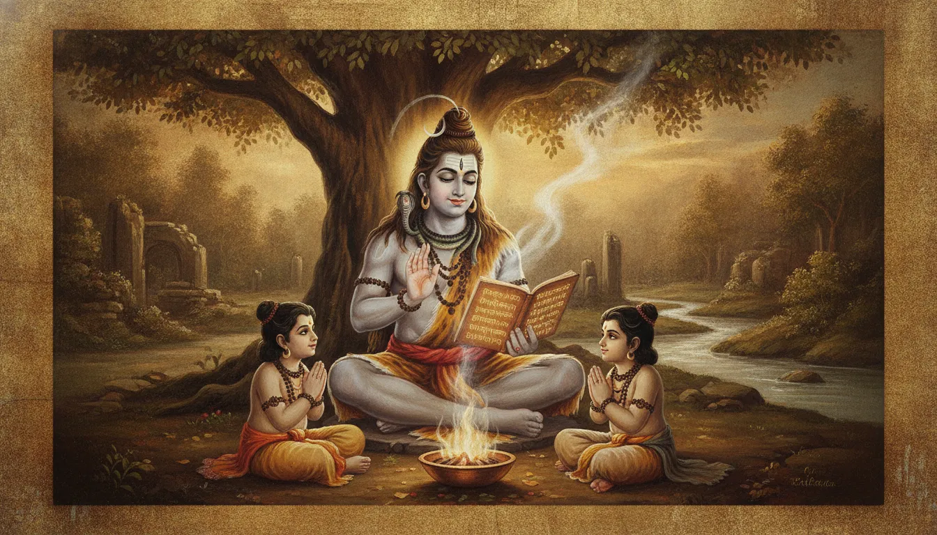 Lord Shiva holding a holy script and teaching his young sons under a banyan tree.