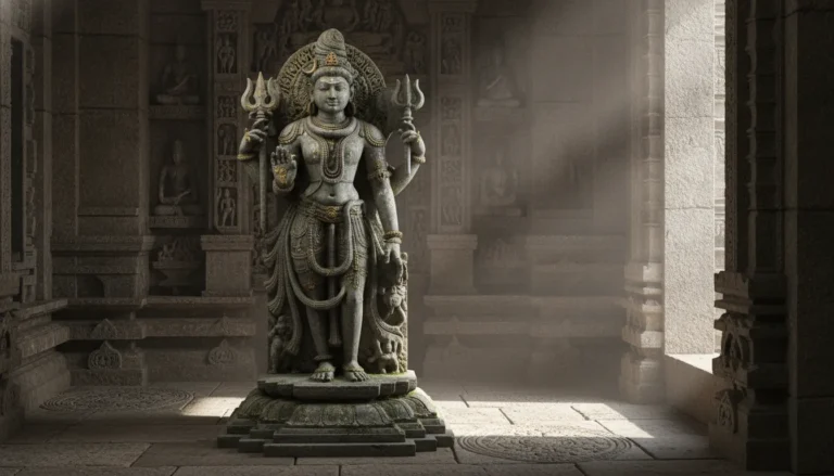 Stone relief style digital art of Ardhanarishvara standing form inside an ancient Indian temple sanctum.