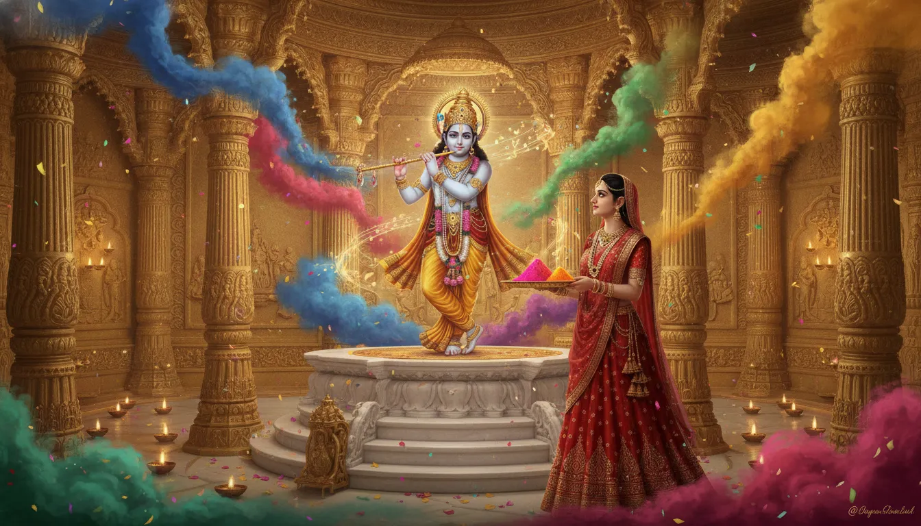 A decorated temple scene showing a divine flute player and a woman in red traditional clothing holding bright colored powder.