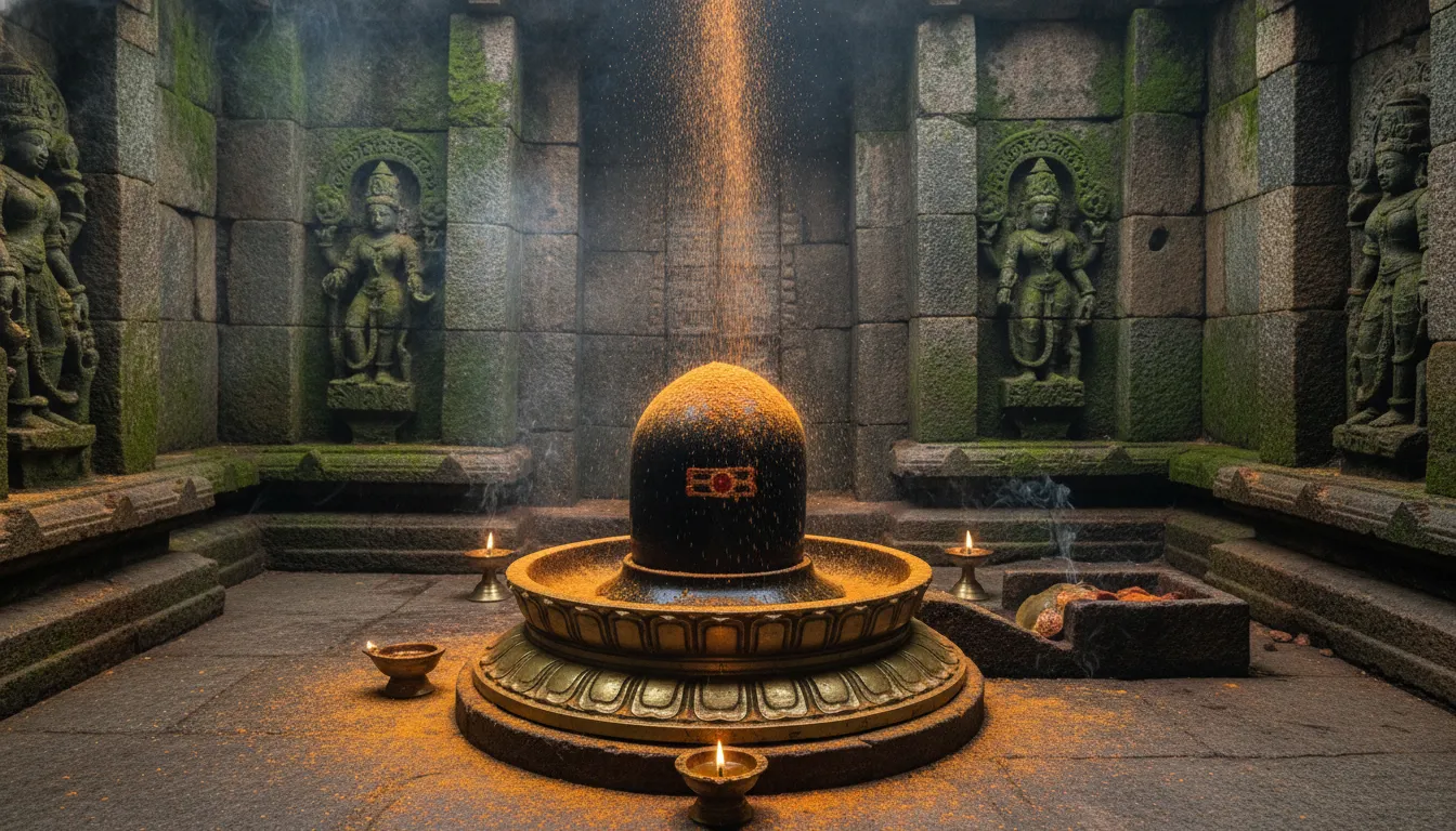 Lord Shivling HD image inside a temple with an animation of falling saffron gulaal.