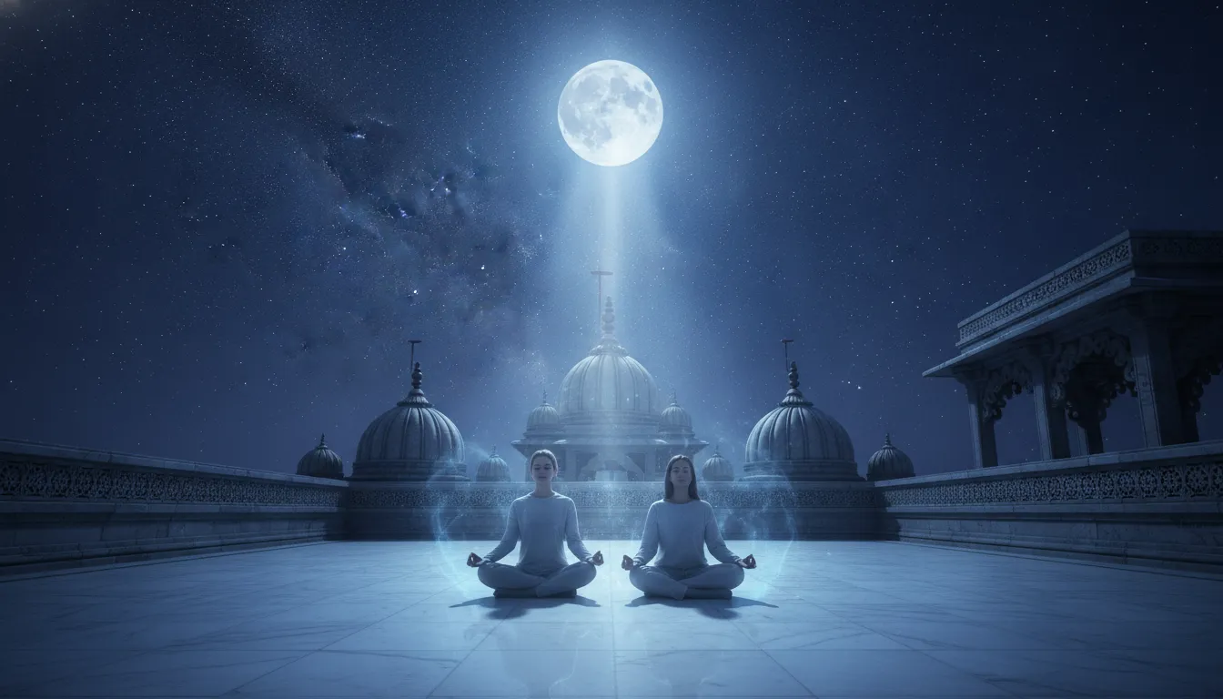 Divine couple meditating together on a temple roof under the stars.