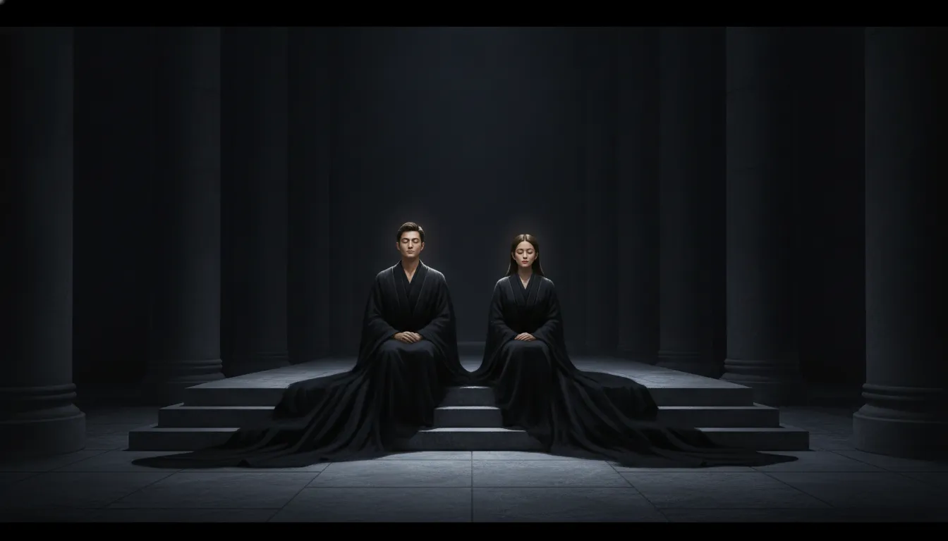 Concept art of a divine couple in serene black attire inside a peaceful temple hall.