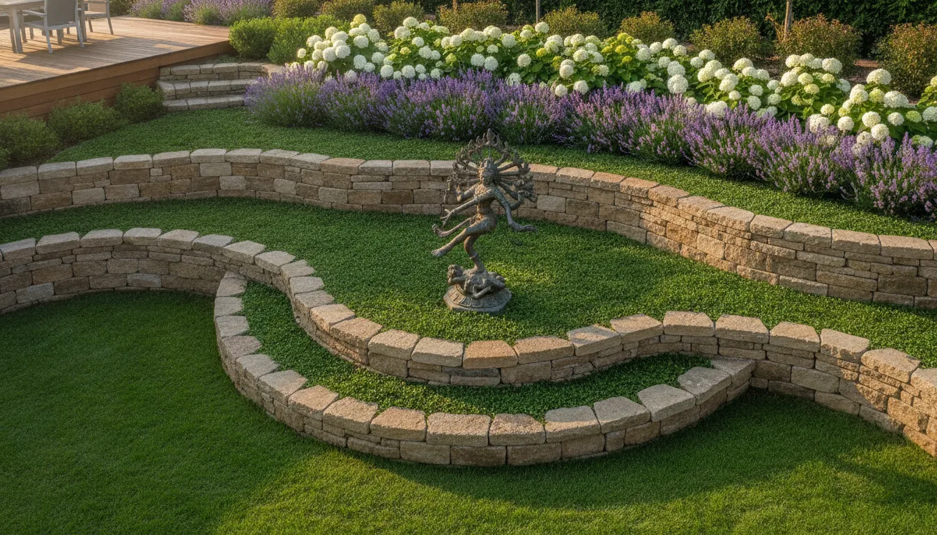 A bronze Nataraja statue positioned prominently on the middle tier of a multi-level terraced hillside garden.