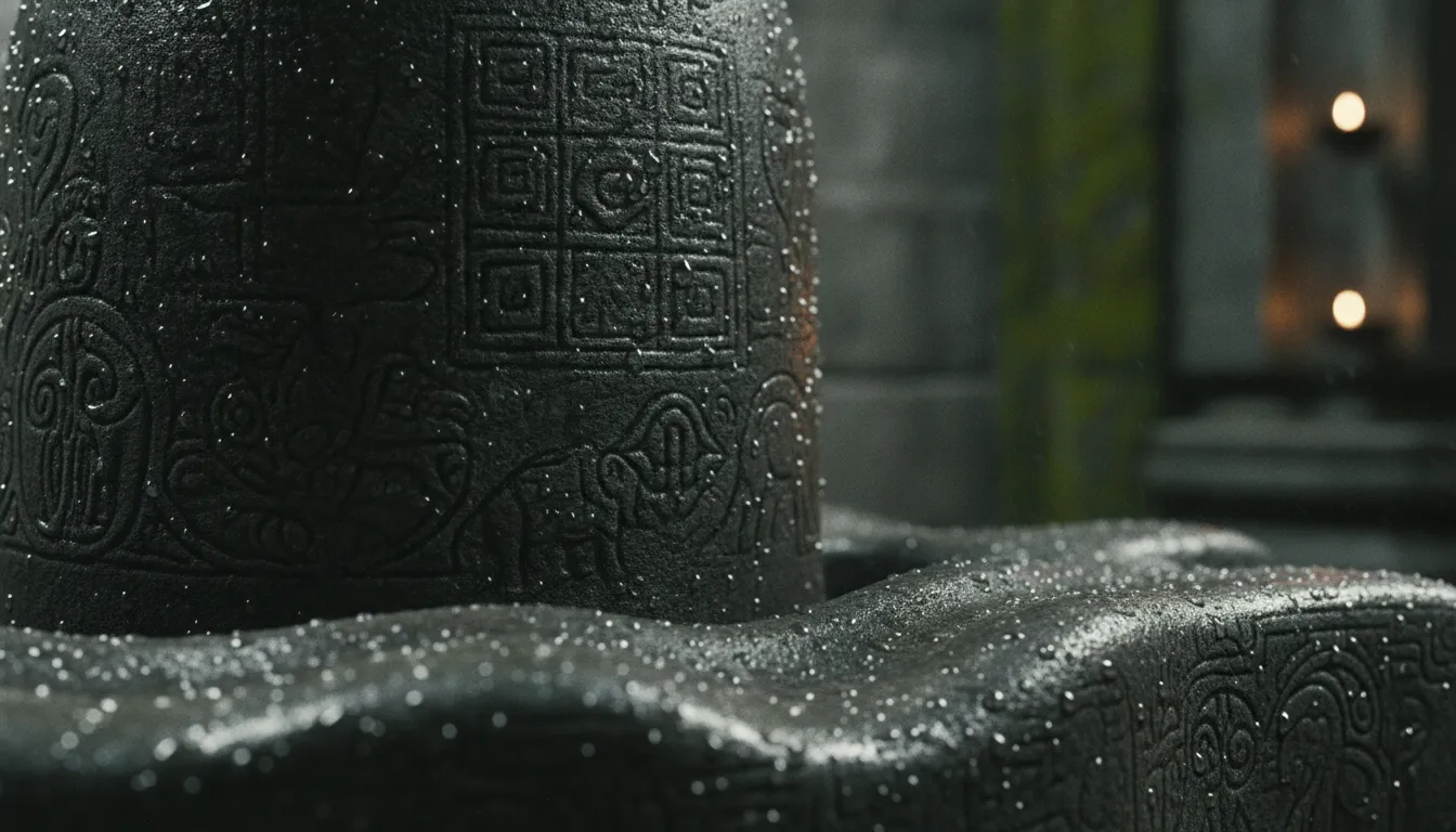Close-up macro detail of the wet stone textures and ancient inscriptions on the Shivling