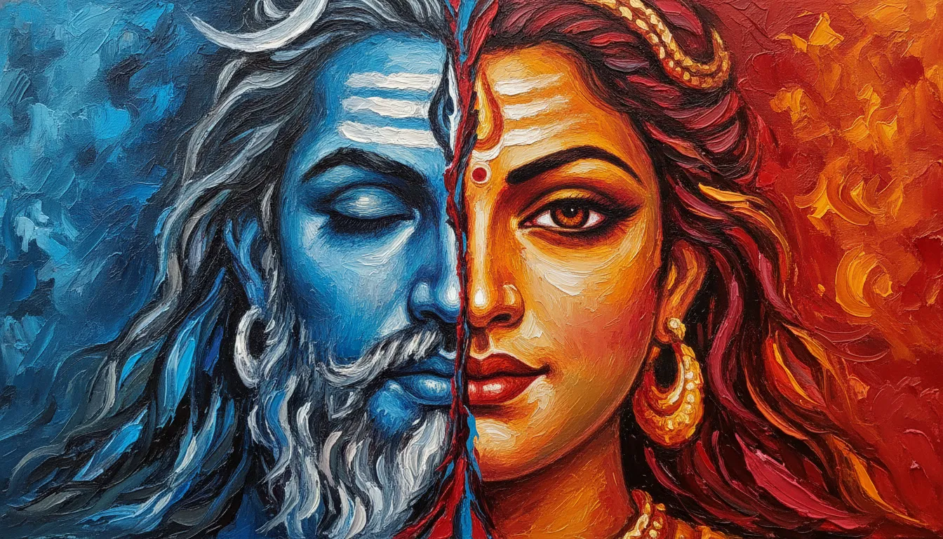 Heavy texture palette knife oil painting of Shiva and Parvati side-by-side face