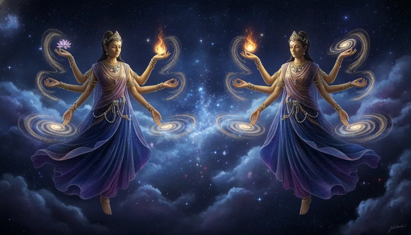 Divine multi-armed figures floating gracefully amidst a sea of twinkling stars and blue nebulae
