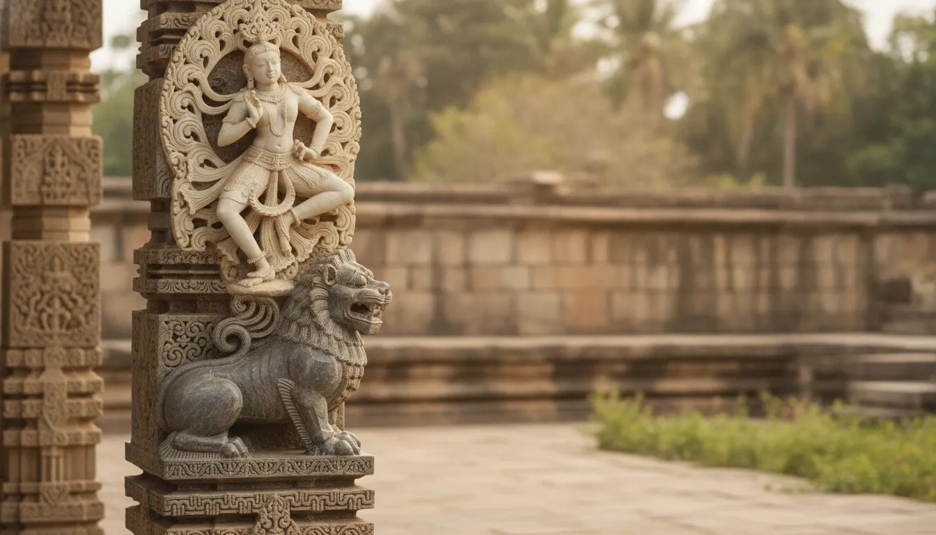 An ornate pillar displaying a graceful celestial dancer sculpted right above a crouching mythical lion figure.