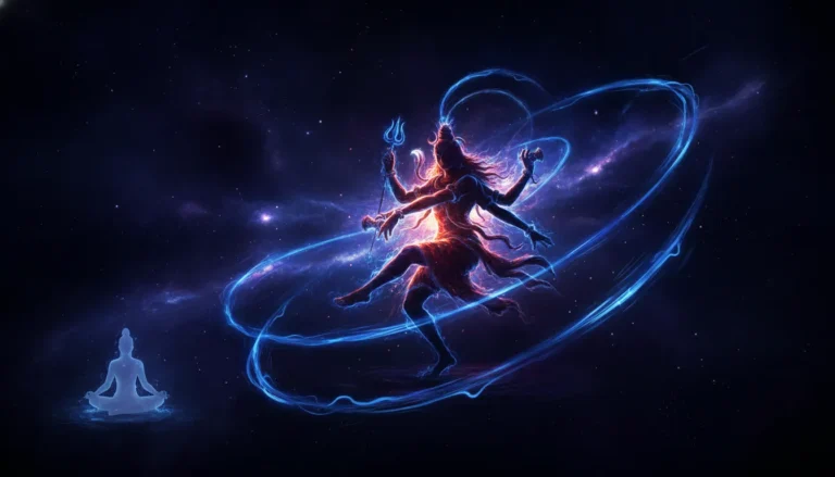 Abstract blue artwork of Lord Shiva performing the Tandava dance of cosmic energy