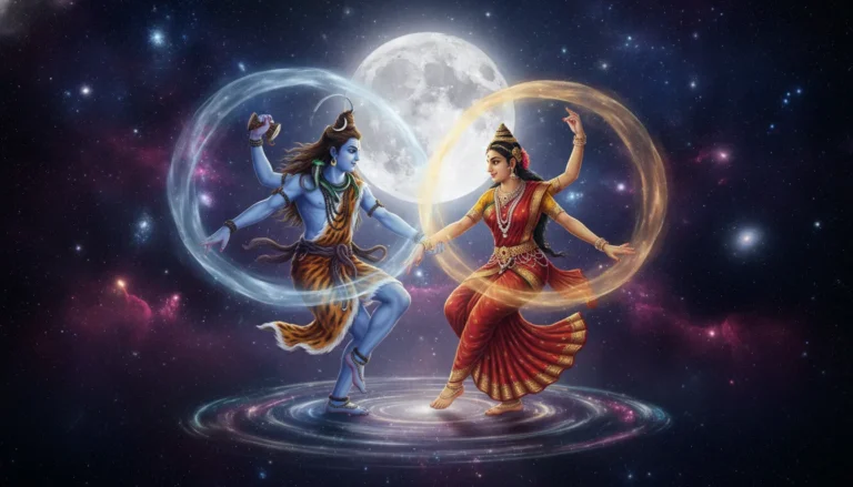 Shiva and Parvati performing a harmonious cosmic dance under a star-filled moonlit sky
