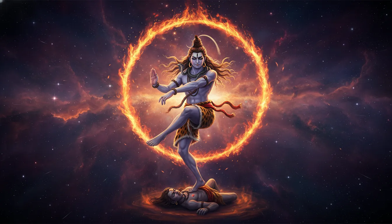 Cosmic Tandava Mahadev full screen photo with intense expressions surrounded by cosmic fire and a dark space background.