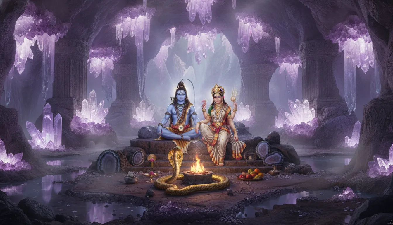 Divine couple inside a glowing crystal mountain cave with a cobra