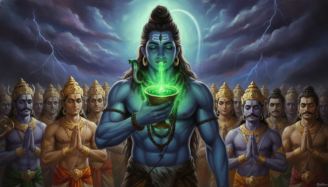Gods and demons praying to Lord Shiva as he prepares to drink the cosmic poison.