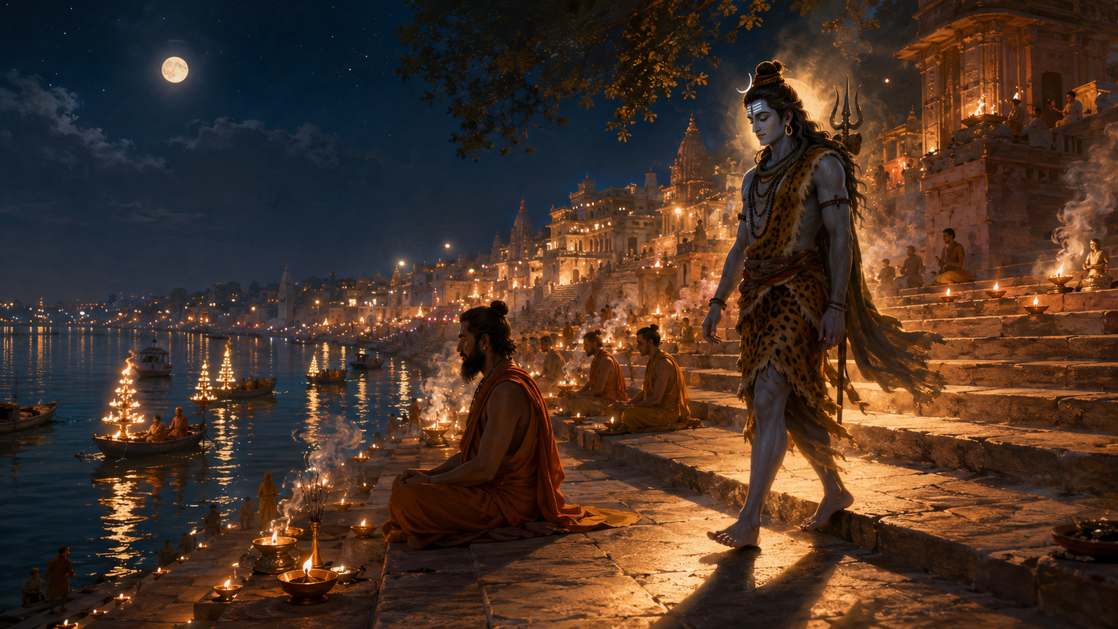 Lord Shiva walking silently on the stone steps of Varanasi ghats surrounded by praying pilgrims.