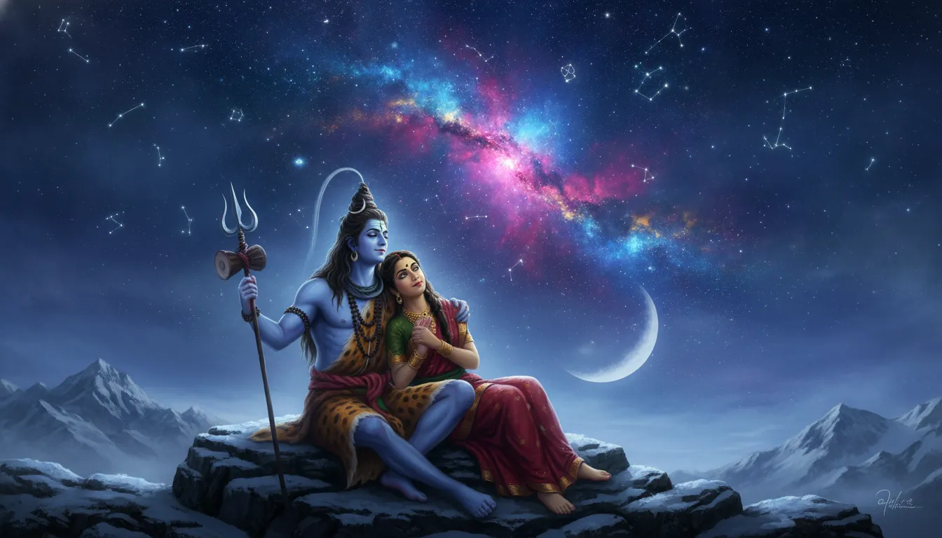 Shiva and Parvati sitting together looking up at a starry night sky over snow mountains