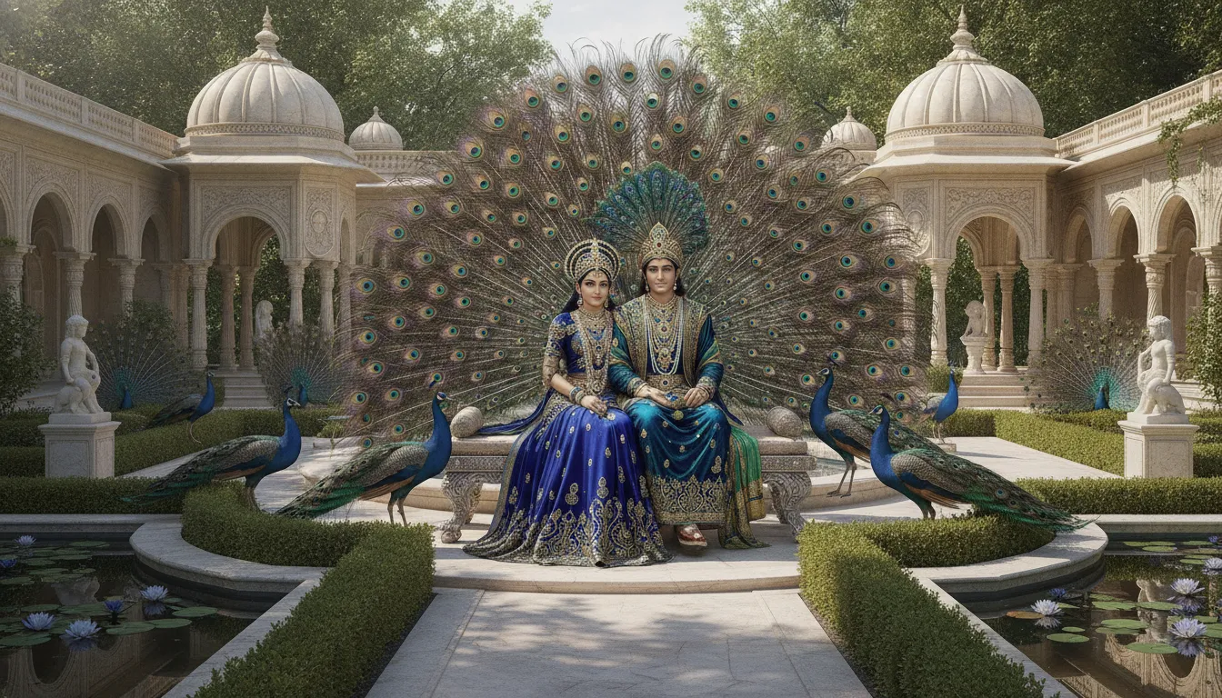Divine couple in a garden with peacocks and classical temple architecture.