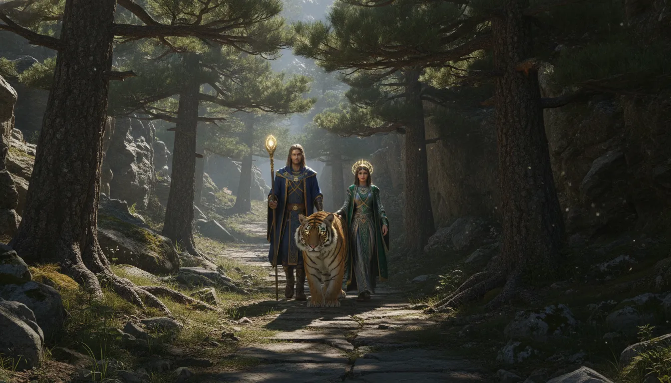 Divine couple walking through a mountain forest pass with a tiger