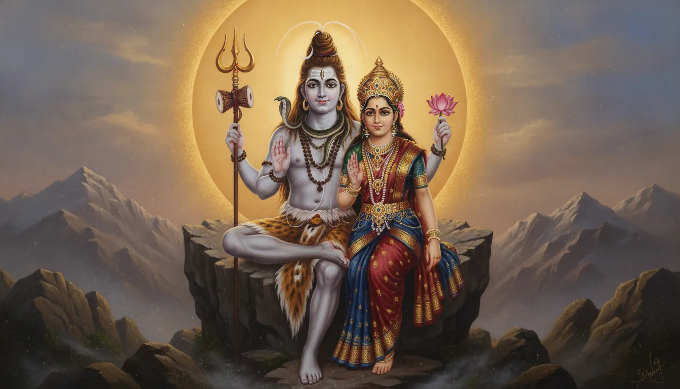 Classical portrait of Shiva and Parvati holding sacred symbols with a golden halo