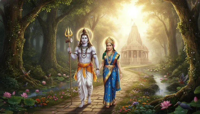 Shiva and Parvati walking back towards a glowing temple path at full sunrise