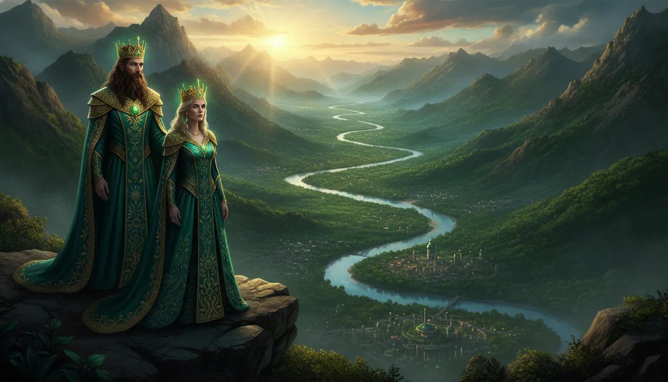 Divine king and queen standing on a high mountain ledge looking down at a beautiful green emerald valley
