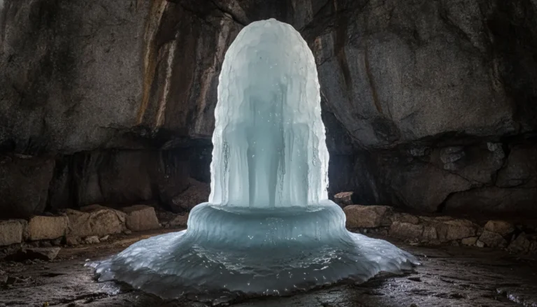 The world highest famous white shivling of ice inside the sacred Amarnath cave in India.