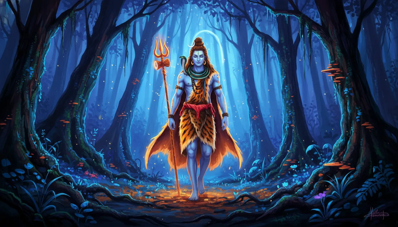 Lord Shiva walking majestically with a glowing orange tiger skin wrap in a neon blue forest.