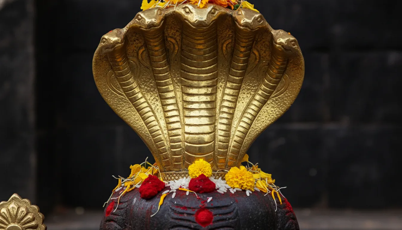 Polished golden multi headed snake hood rising protectively above the sacred Pashupatinath Shivling stone in Nepal