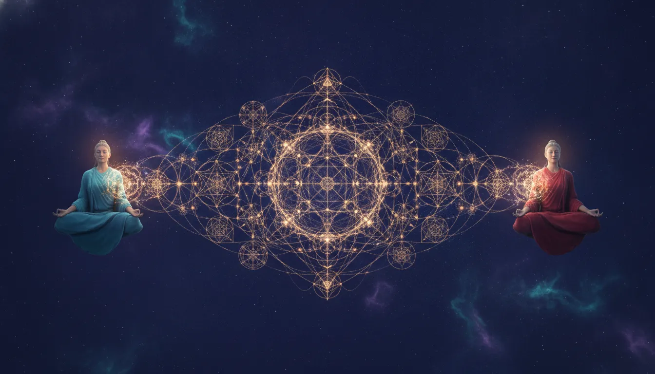 Two multi-armed spiritual figures connected by glowing golden geometric threads in a starfield